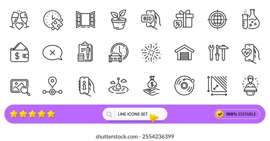 Vinyl record, Wallet and Open door line icons for web app. Pack of Station, Seo internet, Leaves pictogram icons. Accounting, Fishing float, Book car signs. Triangle area, Spanner tool. Vector