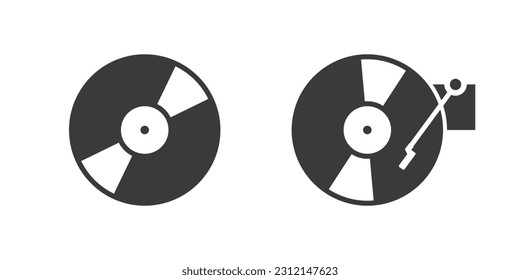 Vinyl record web icon set. Record player or turntable logo design. Simple record phonograph silhouette icon with invert color. Record solid black icon vector design. Musical instruments concept
