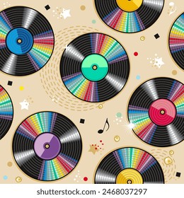 Vinyl records abstract seamless pattern background with blank colorful labels
