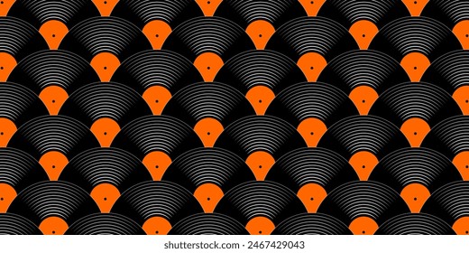 Vinyl records background. Reapiting gramophone LP or long play music discs pattern. 70s 80s discotheque or techno party nostalgia wallpaper. Wrapping or scrapbooking paper print. Vector illustration.