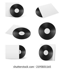 Vinyl records with case template vintage music disco entertainment set realistic vector illustration. Classic analogue gramophone audio equipment turntable disk in paper envelope side front top view