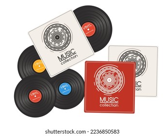 Vinyl records with colorful label and paper box vector illustration isolated on white background