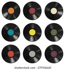 Vinyl records with colorful labels on white background. Seamless pattern.