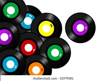 Vinyl records with different color labels over white