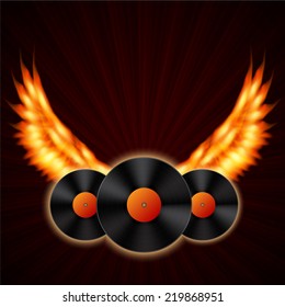Vinyl records with fire wings. EPS10 vector