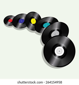 Vinyl Records Flying on a Vintage Green Background