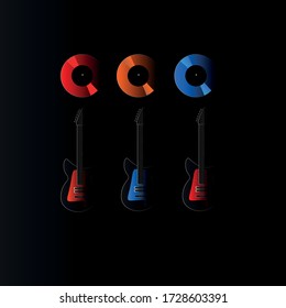 Vinyl records and Guitars settled on black background