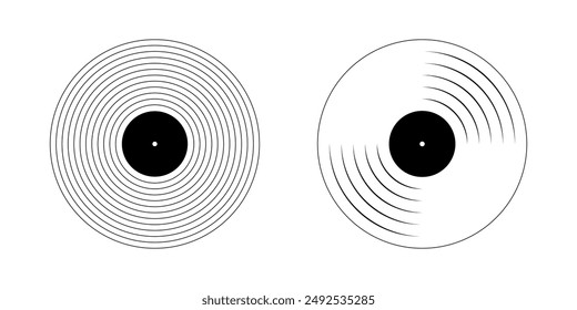 Vinyl records icons. Gramophone LP or long play music discs isolated on white background. DJ equipment for techno party or discotheque in 70s 80s 90s style. Vector graphic illustration.