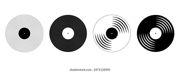 Vinyl records icons. LP or long play music discs isolated on white background. DJ equipment for disco or techno party. 70s 80s 90s discotheque nostalgia concept. Vector graphic illustration.