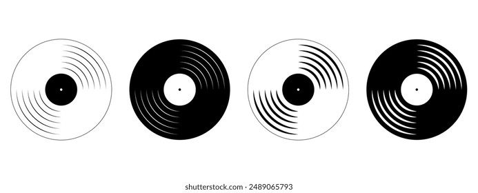 Vinyl Records Icons. LP oder lange Musik-Discs isoliert auf weißem Hintergrund. DJ Techno Club Party Ausrüstung. 70er 80er 90er Jahre Diskothek Nostalgie Konzept. Grafik-Illustration der Vektorgrafik.