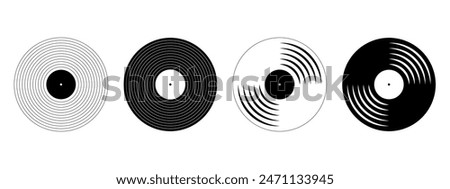 Vinyl records icons. LP or long play music discs isolated on white background. DJ equipment for disco or techno party. 70s 80s 90s discotheque nostalgia concept. Vector graphic illustration.