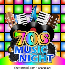 Vinyl records and instruments on disco background for seventies music night 
