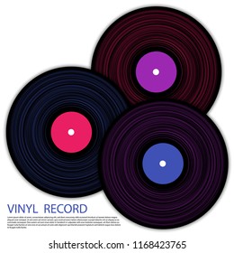 Vinyl records isolated vector musical album cover template. Retro music symbols, vintage style vinyl records vector illustration in black, pink and blue. DJ jukebox plastic elements, music disk logo.