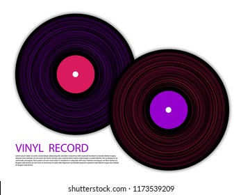 Vinyl records isolated vector musical album cover template. Retro music symbols, vintage style vinyl records vector illustration in black, pink and violet. DJ jukebox plastic elements, music disk logo