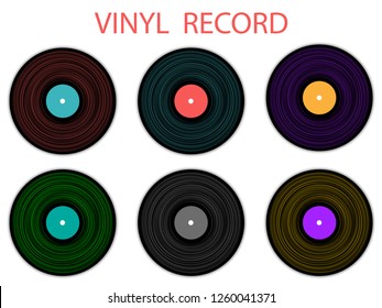 Vinyl records isolated vector musical album cover elements. Retro music symbols, vintage style vinyl records vector illustration in black, pink and blue. DJ jukebox plastic elements, music disk logo. 