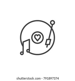 Vinyl records with love heart and notes line icon, outline vector sign, linear style pictogram isolated on white. Valentine's Day romantic music symbol, logo illustration. Editable stroke