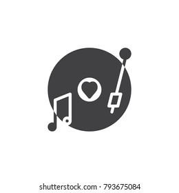 Vinyl records with love heart and notes icon vector, filled flat sign, solid pictogram isolated on white. Valentine's Day romantic music symbol, logo illustration.