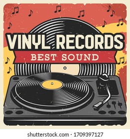 Vinyl records and music player, disco party vector design. Vinyl records or LP discs with musical notes and DJ turntable retro poster of dance club invitation, entertainment themes