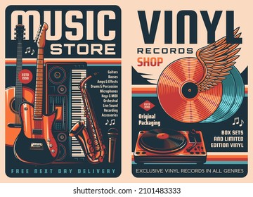 Vinyl records and music store retro posters. Vintage music records shop, musical instruments and equipment store vector banners with guitars, MIDI keyboard and saxophone, vinyl disks turn table