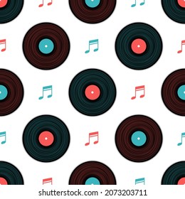 Vinil graba notas musicales vectoriales sin fisuras. Objetos de música retro, símbolos, vinilo estilo vintage graba ilustración vectorial en negro, rosa y azul. Elementos plásticos de la rockola DJ, logo del disco de música.