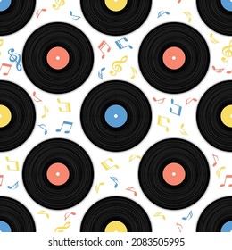 Vinyl records musical notes vector seamless pattern. Retro music objects,symbols, vintage style vinyl records vector illustration. DJ jukebox plastic elements, music disk logo.