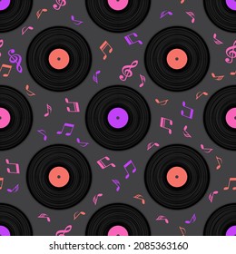 Vinyl records musical notes vector seamless pattern. Retro music objects,symbols, vintage style vinyl records vector illustration. DJ jukebox plastic elements, music disk logo.