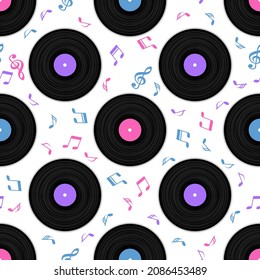 Vinyl records musical notes vector seamless pattern. Retro music objects,symbols, vintage style vinyl records vector illustration. DJ jukebox plastic elements, music disk logo.