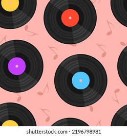 Vinyl records and notes, listening to music seamless pattern.