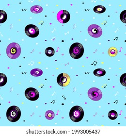 Vinyl records and notes seamless pattern. Vinyl, retro and music sound recording concept. The elements of the pattern are separated from the background. Vector illustration.