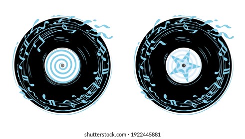 Vinyl records on a white background, music splash, music notes, rave party, star, jazz, disco, reggae, psychedelic, musical object, picture