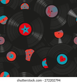 Vinyl records pattern. Vintage vector background without gradients and transparencies