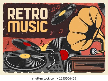 Vinyl graba música retro y afiche de gramófono vintage. Reproductor de discos vectores y fonografía con notas y discos musicales, discoteca o discoteca