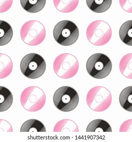 Vinyl records seamless pattern in black, white pink palette. Trendy vector illustration for fashion fabric, paper, wrapping, wallpaper, cover, interior decor, all over print. 