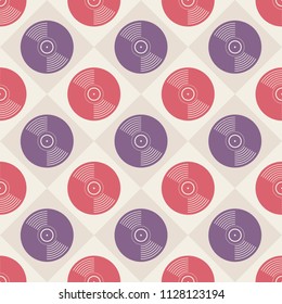 Vinyl records seamless pattern. Music endless background. Creative style. Retro colors. Design for wallpaper, wrapping, fabric, textile, clothing, web, poster, CD, gift. Vector color illustration.