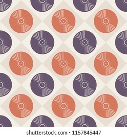 Vinyl records seamless pattern. Music endless background. Creative style. Retro colors. Design for wallpaper, wrapping, fabric, textile, clothing, web, poster, CD, gift. Vector color illustration.