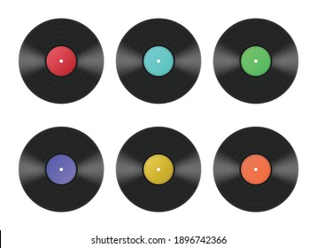Vinyl records set. Vintage black audio discs with color labels and pop, disco or rock music tracks. Vector realistic 3d isolated illustrations.