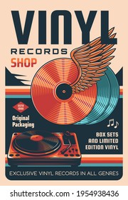 Vinyl records shop vector retro poster. Winged vinyl discs, DJ records turntable. Old music records store, audiophile hobby shop promo banner with audio playback equipment and vintage typography