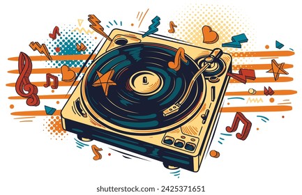 Vinyl records turntable and musical notes, colorful music design