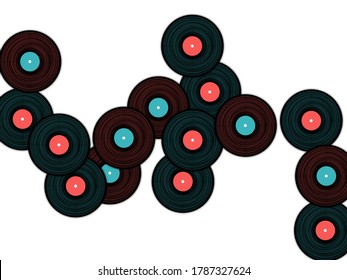 Vinyl records vector musical background. Cool music symbols, vintage style vinyl records vector illustration in black, pink and blue. DJ jukebox plastic elements, music disk logo.