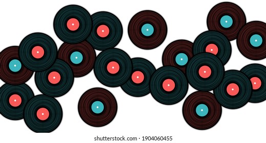 Vinyl records vector musical background. Retro music symbols, vintage style vinyl records vector illustration in black, pink and blue. DJ jukebox plastic elements, music disk logo.