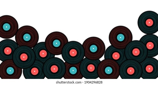 Vinyl records vector musical background. Retro music symbols, vintage style vinyl records vector illustration in black, pink and blue. DJ jukebox plastic elements, music disk logo.