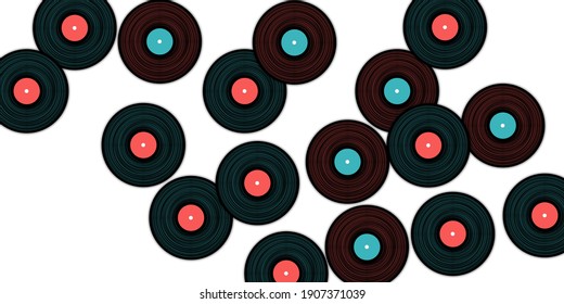 Vinyl records vector musical background. Retro music symbols, vintage style vinyl records vector illustration in black, pink and blue. DJ jukebox plastic elements, music disk logo.