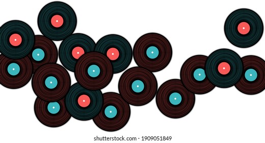 Vinyl records vector musical background. Retro music symbols, vintage style vinyl records vector illustration in black, pink and blue. DJ jukebox plastic elements, music disk logo.