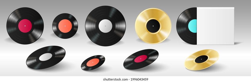 Vinyl set realistic retro records for gramophone with empty labels and in blank album cover for music lp production. Classic black and golden vintage discs. Vector illustration