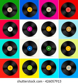 Vinyl Set. Retro Colorful LP Disc Record Illustration.