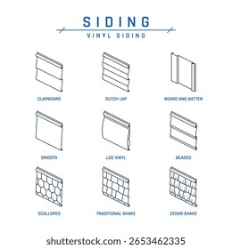 Vinil siding ícone conjunto incluindo clapboard, holandês lap, board e batten, frisado, agitar, log, recortado e painéis modernos. Ilustração de vetor preto isolada em um plano de fundo branco no estilo de linha.