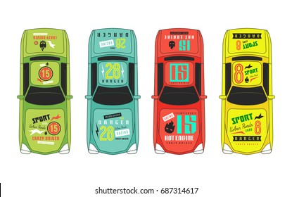 Vinyl Stickers On Race Car. Top View On Cars. Graphic Design For Toys