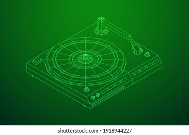 Vinyl turntable audio device. Wireframe low poly mesh vector illustration.