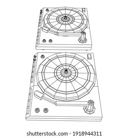 Vinyl turntable audio device. Wireframe low poly mesh vector illustration.