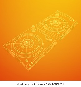 Vinyl turntable audio device. Wireframe low poly mesh vector illustration.